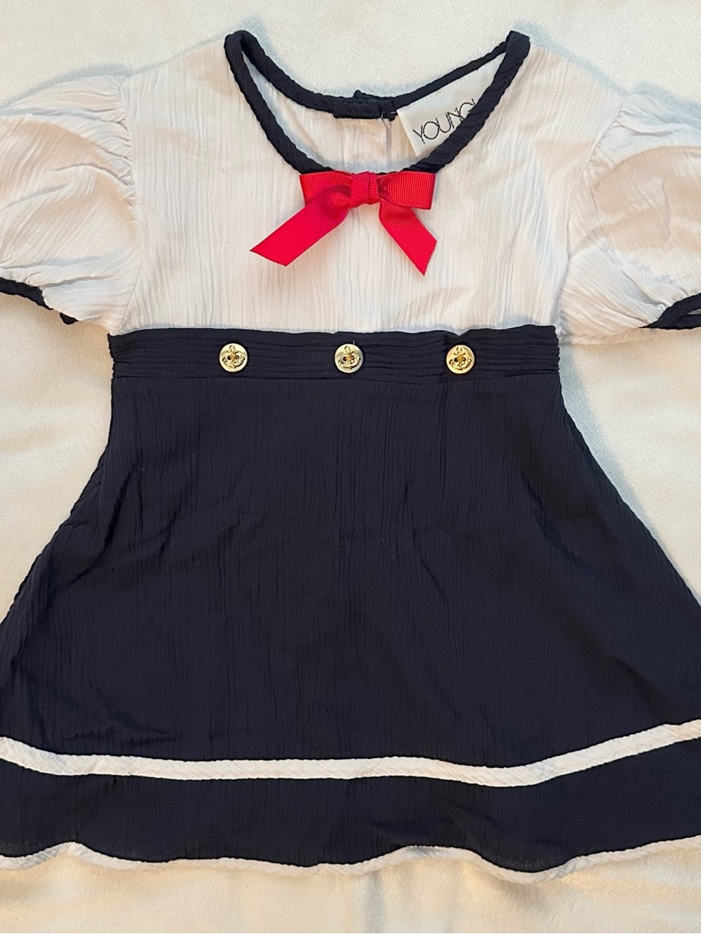 Vintage Youngland Navy & White Nautical Dress 2T Sailor Gold Button Short Sleeve